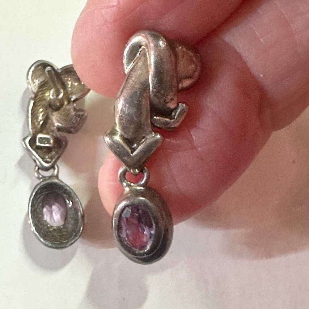 Vintage 925 Sterling Silver Amethyst Drop Earrings | Arrow Design Dangle